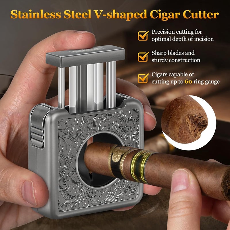 SEMKONT Cigar Cutter,Portable Multifunction V Cut Cigar Cutter, 4 in 1 Stainless Steel Guillotine with Cigar Punch,Cigar Holder and Twin Nubber,Suitable for Max 60 Ring Gauge Cigars (Gray) - Image 3